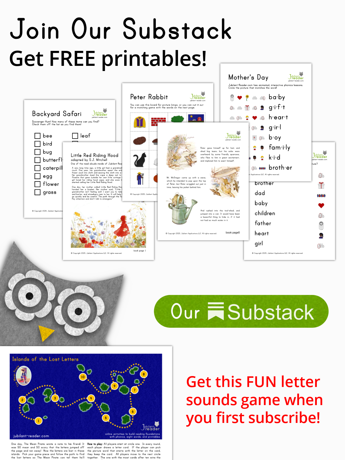Join our substack get free printables! You'll get this FUN letter sounds game when you first subscribe!